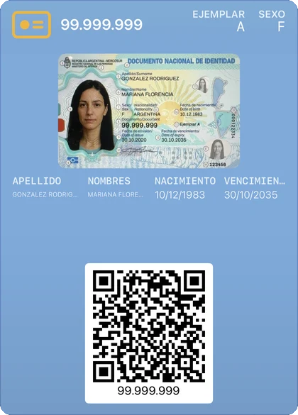 A sample Argentine DNI shown as a card in Apple Wallet, with photo, personal data and a QR code.