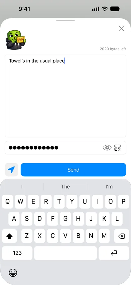 Stiger inside iMessage: typing a secret message under a sticker, with a password.