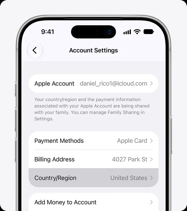 iPhone Account Settings screen with the Country/Region row highlighted, from Apple's own support article.